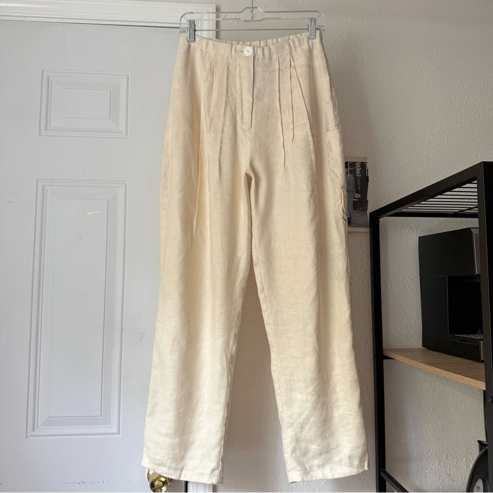 THIS IS WN cream ivory linen pleated front slim straight cropped‎ trousers pants